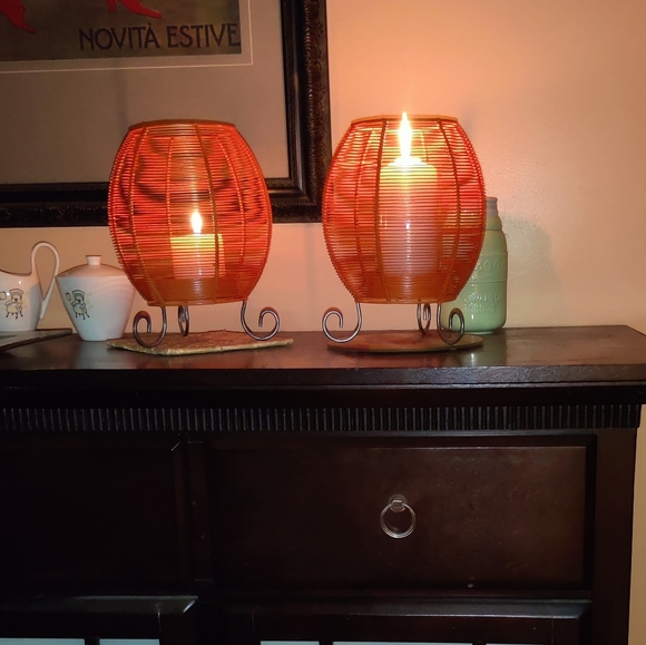 Pair Metal Patio Lanterns Oval Wire Baskets, Candle Holders 11" Tall Refurbished - Picture 5 of 16